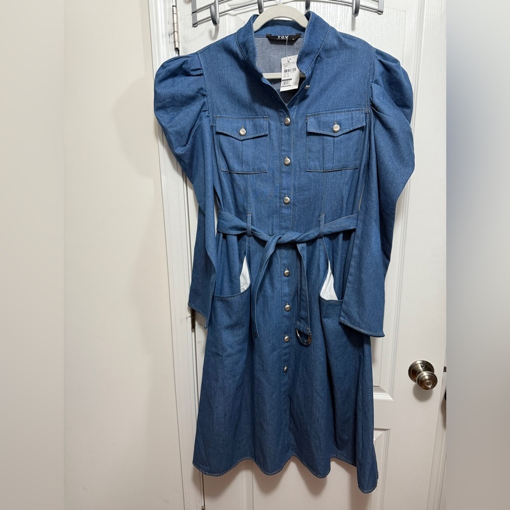 TOV NOIR Power Puff Shoulder Belted 100% COTTON Denim MIDI Dress, EU 40‎